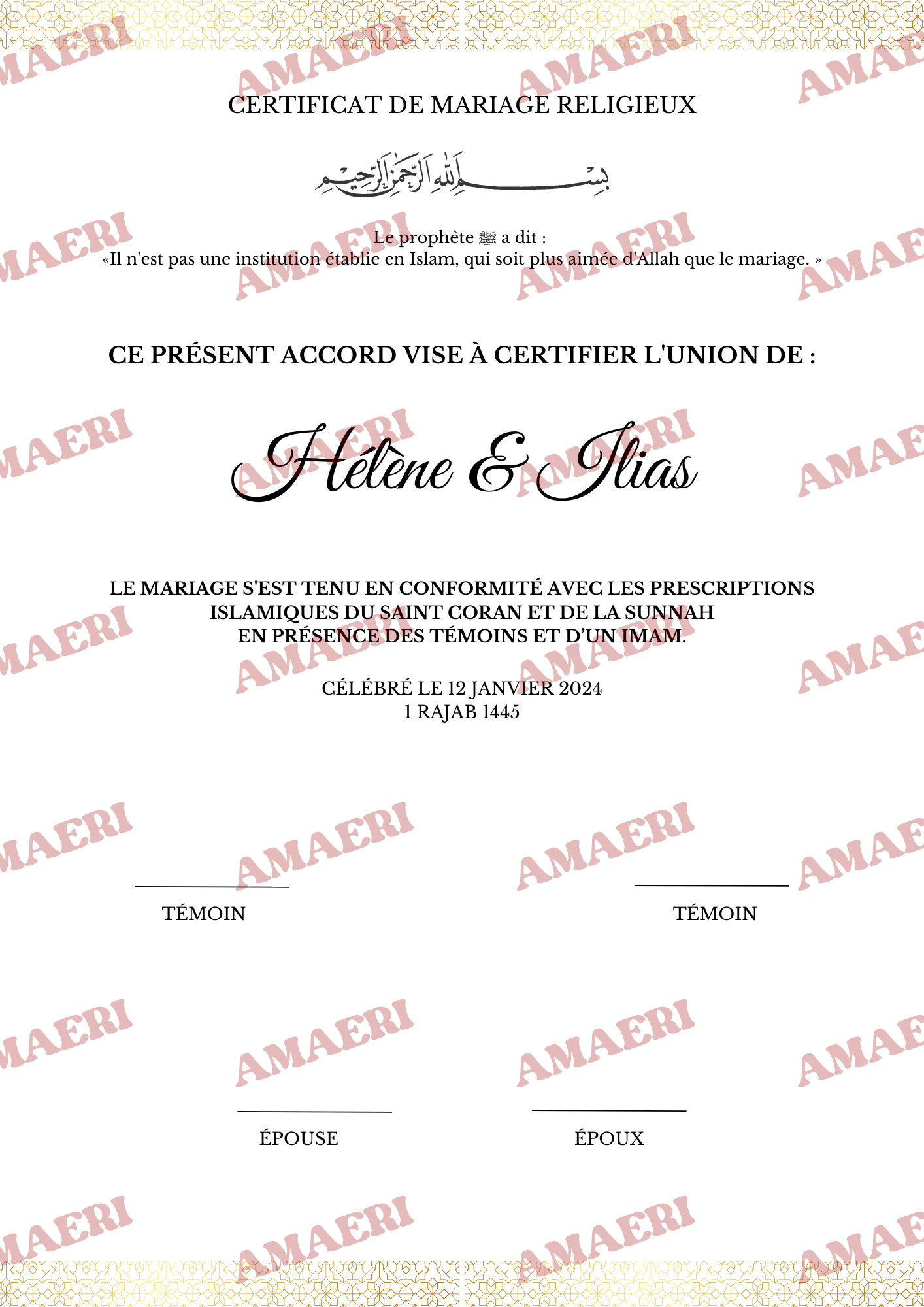 Certificat de mariage Hélène