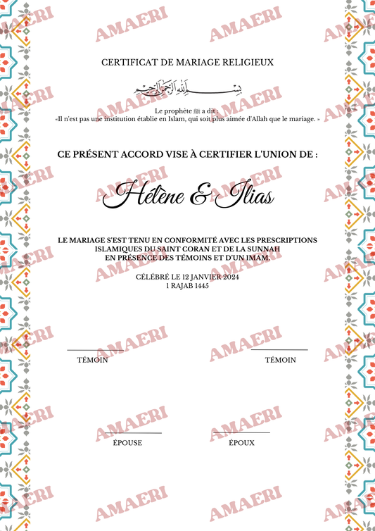 Certificat de mariage Zelij