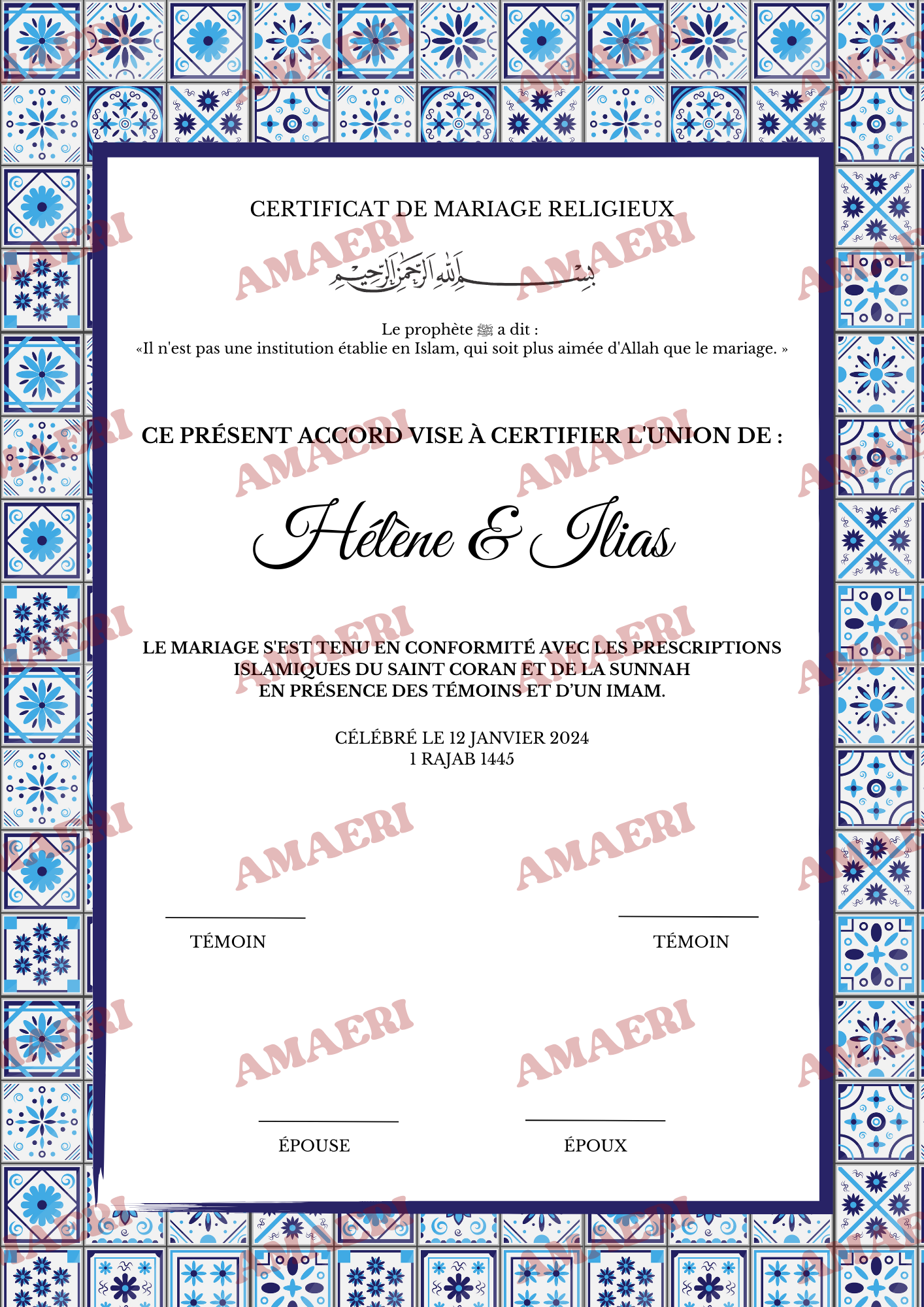 Certificat de mariage Azraq
