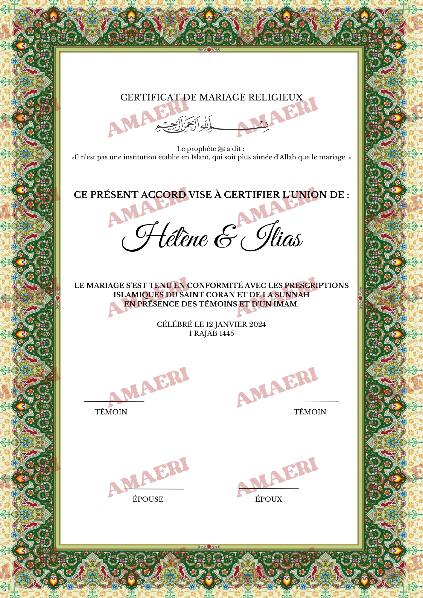 Certificat de mariage Chaima